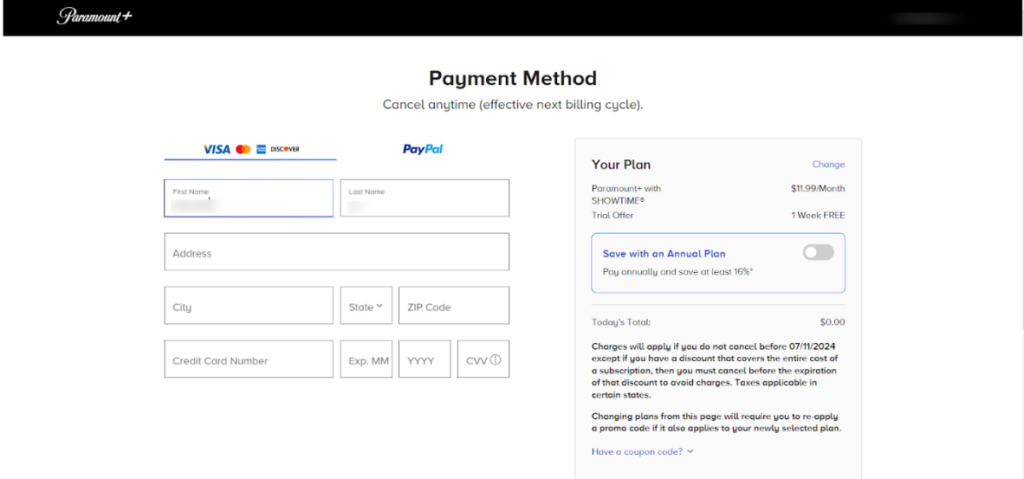 Choose A Payment Method On Paramount Plus