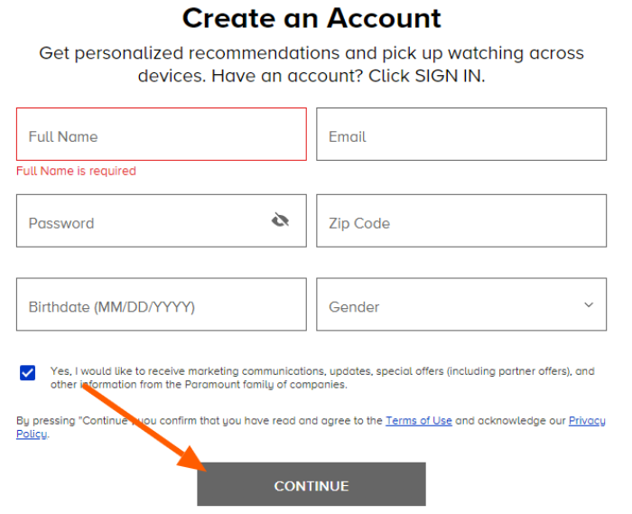 Create An Account & Click Continue