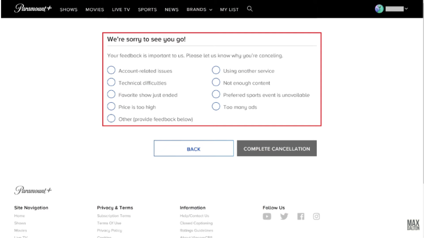 Choose Your Reason For Canceling