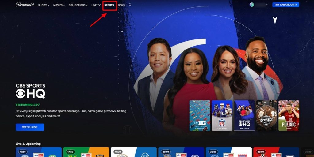 Navigate to Live TV or Sports hub